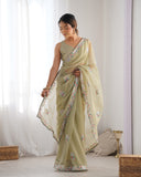 Elegant Pista Green Organza Saree with Embroidered Floral Border