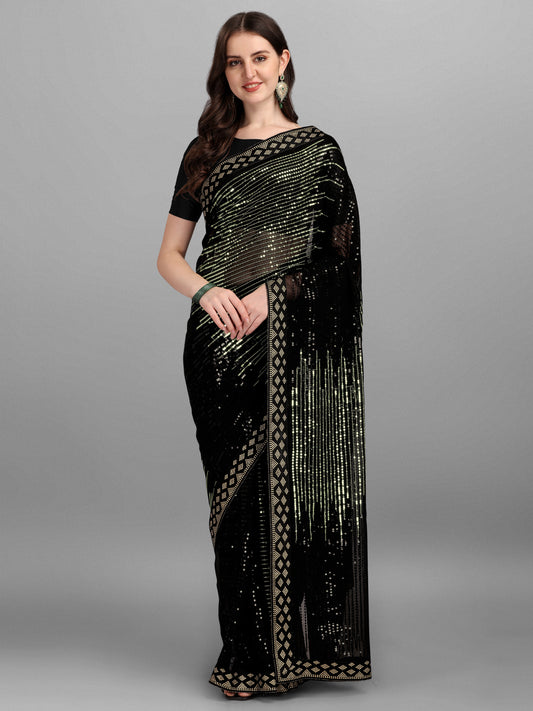 Black & Green Pyramid Sequin Designer Georgette Saree