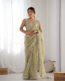 Elegant Pista Green Organza Saree with Embroidered Floral Border