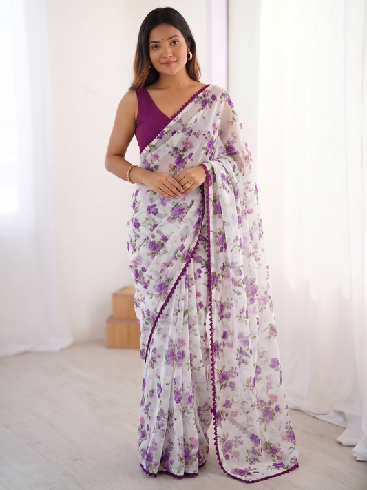 Purple Printed Chiffon Saree with Orange Blouse, Lightweight Designer Saree, Party Wear Saree for Women, Elegant Ethnic Saree Set