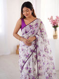 Purple Printed Chiffon Saree with Orange Blouse, Lightweight Designer Saree, Party Wear Saree for Women, Elegant Ethnic Saree Set