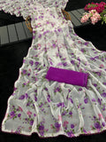 Purple Printed Chiffon Saree with Orange Blouse, Lightweight Designer Saree, Party Wear Saree for Women, Elegant Ethnic Saree Set