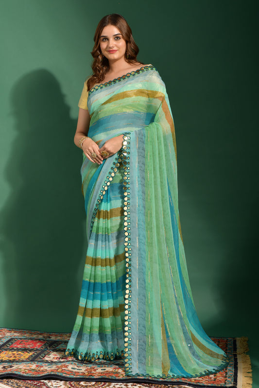 Aqua Horizon Striped Georgette Saree with Mirror Work Border