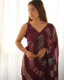 Maroon Sequin Saree Striped Georgette Saree with Holographic Shine for Wedding & Party Wear