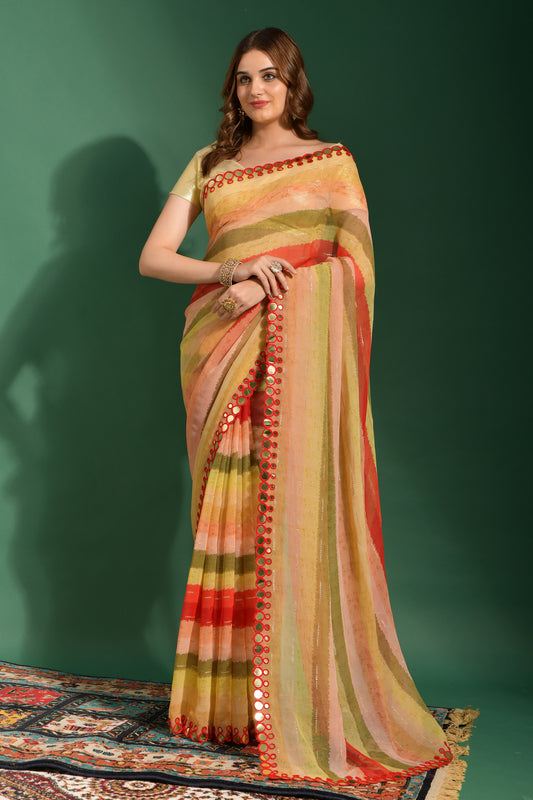 Sunset Radiance Striped Georgette Saree with Mirror Work Border