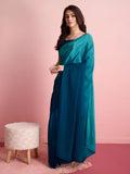 Teal Blue Satin Silk Saree for Evening & Festive Ready to Wear Saree