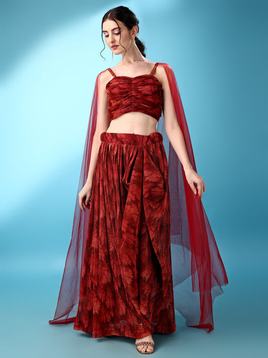 Rihana Scarlet Red Drape Skirt Set with Cape Sleeves