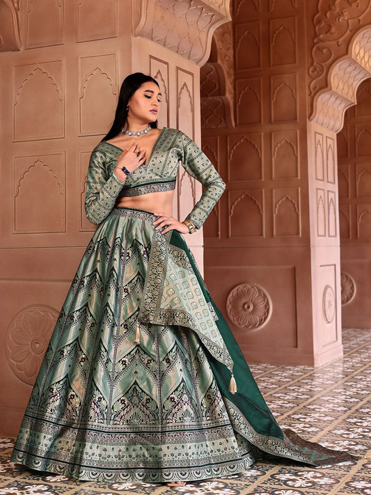 Aayat Olive Green Banarasi Silk Lehenga Set with Contrast Brocade Dupatta