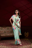 Sky Blue Silk Saree with Multicolor Floral Print and Pearl Detailing