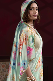 Sky Blue Silk Saree with Multicolor Floral Print and Pearl Detailing