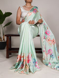 Sky Blue Silk Saree with Multicolor Floral Print and Pearl Detailing