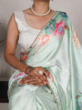 Sky Blue Silk Saree with Multicolor Floral Print and Pearl Detailing