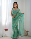 Elegant Sky Blue Organza Saree with Floral Embroidered Border – Lightweight Ethnic Wear