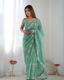 Elegant Sky Blue Organza Saree with Floral Embroidered Border – Lightweight Ethnic Wear