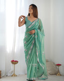 Elegant Sky Blue Organza Saree with Floral Embroidered Border – Lightweight Ethnic Wear