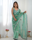 Elegant Sky Blue Organza Saree with Floral Embroidered Border – Lightweight Ethnic Wear