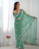Elegant Sky Blue Organza Saree with Floral Embroidered Border – Lightweight Ethnic Wear
