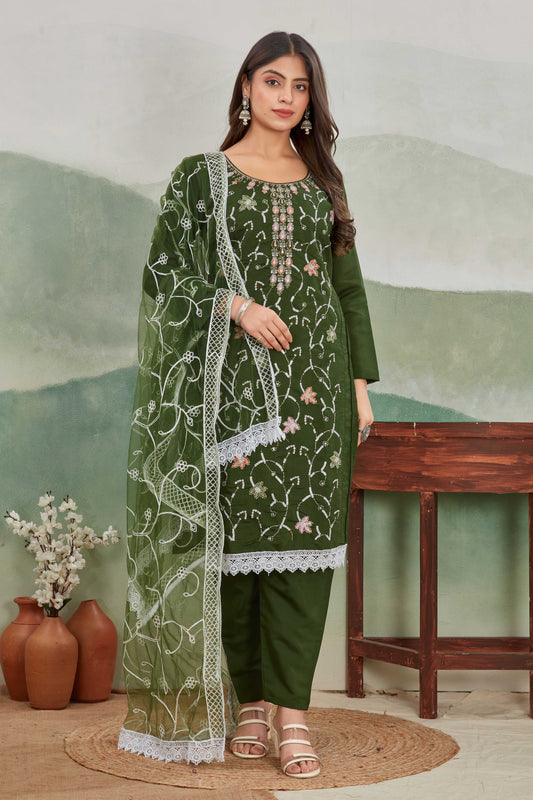 Elegant Olive Green Embroidered Straight Suit Set with Dupatta