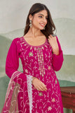 Magenta Pink Embroidered Straight Suit Set with Lace Dupatta