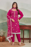 Magenta Pink Embroidered Straight Suit Set with Lace Dupatta