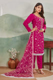 Magenta Pink Embroidered Straight Suit Set with Lace Dupatta