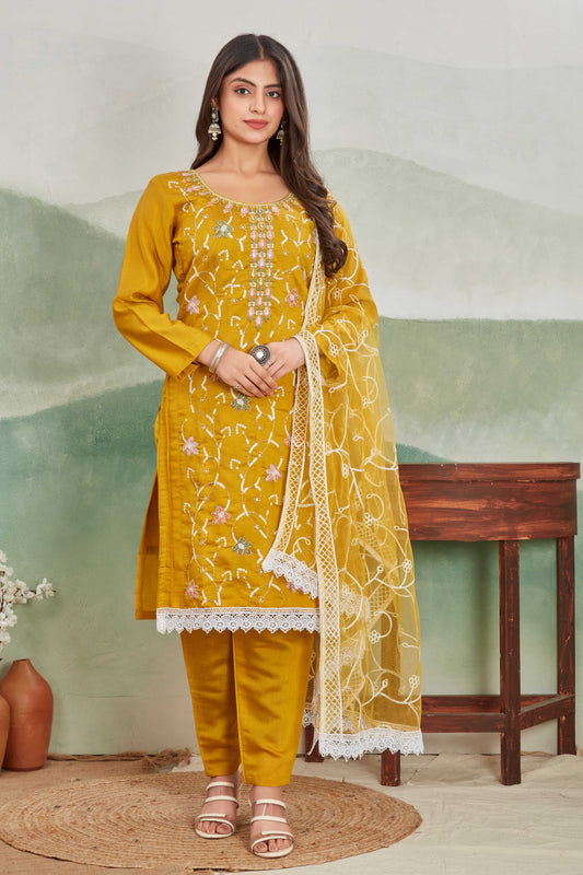 Mustard Yellow Embroidered Straight Suit Set with Net Dupatta