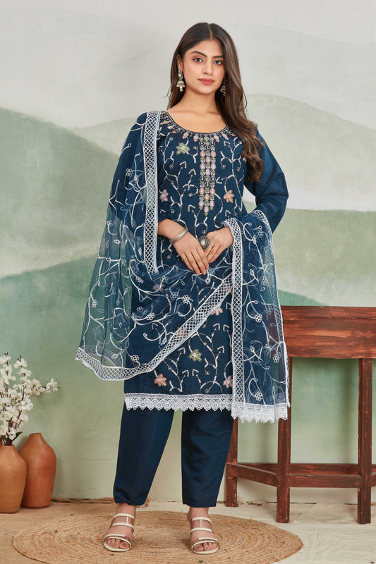 Teal Blue Embroidered Salwar Suit with Net Dupatta