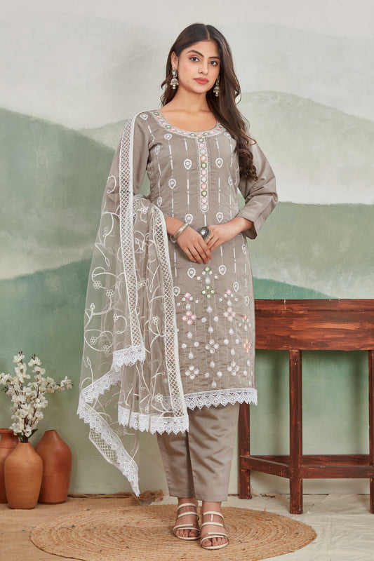 Taupe Embroidered Salwar Suit with Net Dupatt