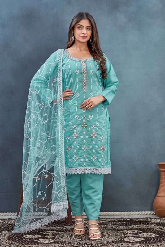 Aqua Blue Embroidered Salwar Suit with Net Dupatta
