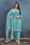 Aqua Blue Embroidered Salwar Suit with Net Dupatta