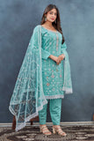 Aqua Blue Embroidered Salwar Suit with Net Dupatta