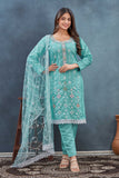 Aqua Blue Embroidered Salwar Suit with Net Dupatta