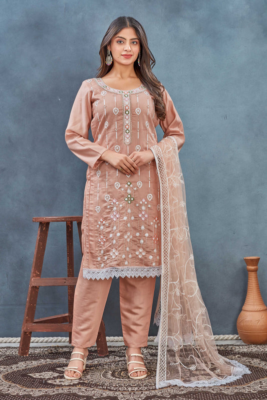 Dusty Rose Embroidered Salwar Suit with Net Dupatta