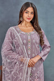 Lavender Embroidered Straight-Cut Salwar Suit with Net Dupatta
