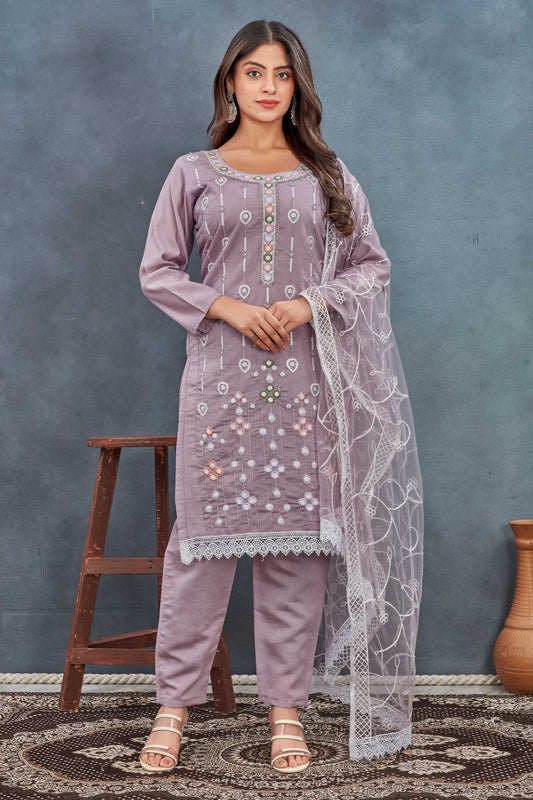 Lavender Embroidered Straight-Cut Salwar Suit with Net Dupatta