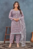 Lavender Embroidered Straight-Cut Salwar Suit with Net Dupatta