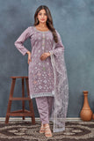 Lavender Embroidered Straight-Cut Salwar Suit with Net Dupatta