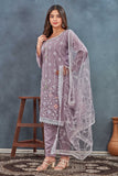 Lavender Embroidered Straight-Cut Salwar Suit with Net Dupatta