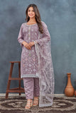 Lavender Embroidered Straight-Cut Salwar Suit with Net Dupatta