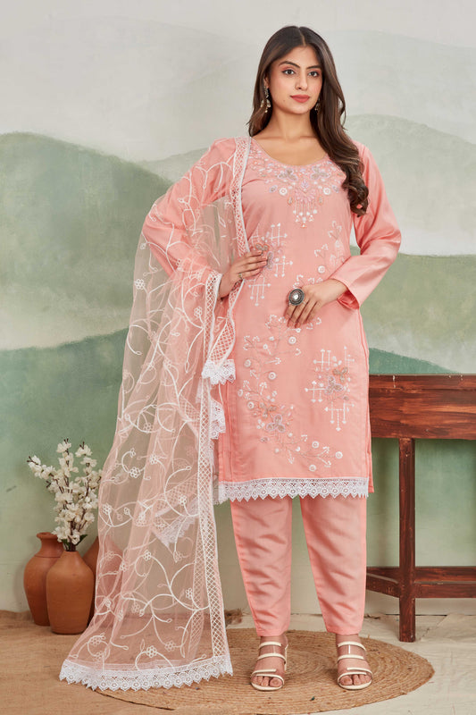 Peach Embroidered Salwar Suit with Net Dupatta