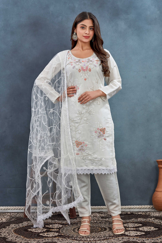 Graceful Off-White Embroidered Salwar Suit with Net Dupatta
