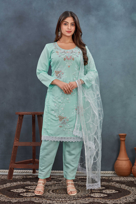 Refreshing Mint Green Embroidered Salwar Suit with Net Dupatta