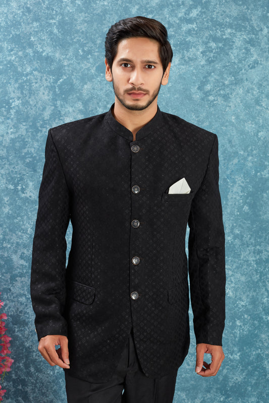 Men's Indian Ethnic Jacquard Silk Jodhpuri Coat Jacket Indo-Western Blazer with Mandarin Collar