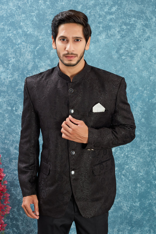 Men's Indian Ethnic Jacquard Silk Jodhpuri Coat Jacket Indo-Western Blazer with Mandarin Collar