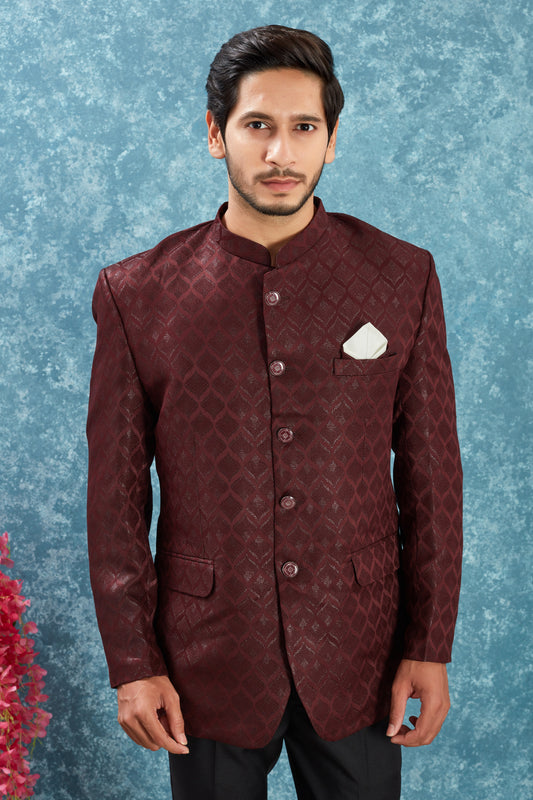 Men's Indian Ethnic Jacquard Silk Jodhpuri Coat Jacket Indo-Western Blazer with Mandarin Collar