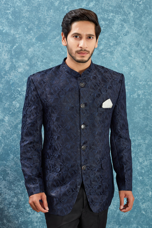 Men's Indian Ethnic Jacquard Silk Jodhpuri Coat Jacket Indo-Western Blazer with Mandarin Collar
