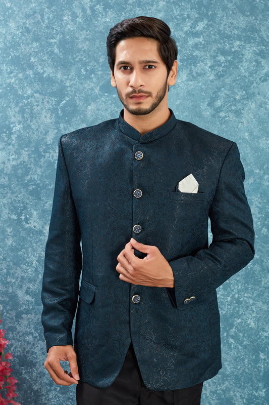 Men's Indian Ethnic Jacquard Silk Jodhpuri Coat Jacket Indo-Western Blazer with Mandarin Collar