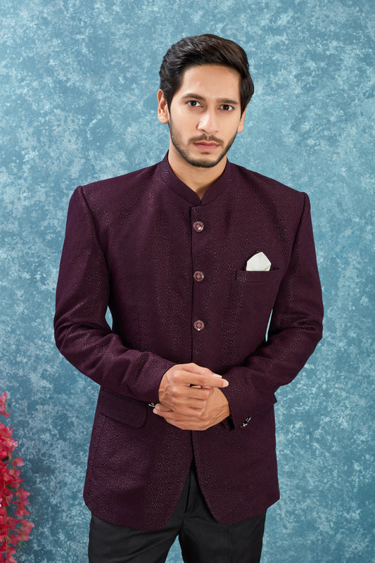 Men's Indian Ethnic Jacquard Silk Jodhpuri Coat Jacket Indo-Western Blazer with Mandarin Collar
