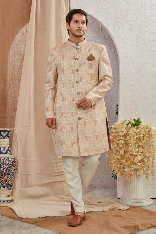 Men's Indian Designer Wedding Festive Wear Asymmetric Sherwani with White Churidar Pants