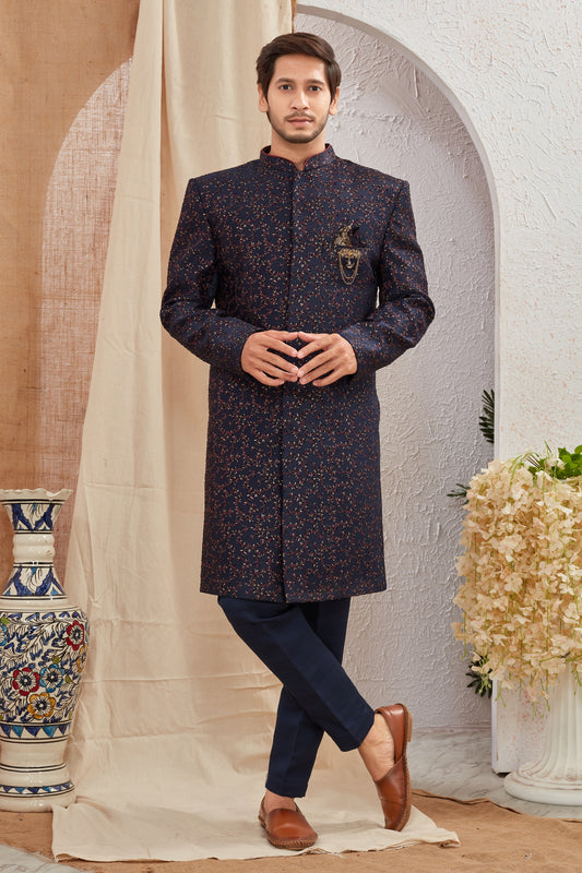 Men's Indian Designer Wedding Festive Wear Asymmetric Sherwani with Navy Blue Churidar Pants
